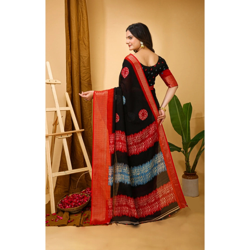 Black Kalamkari printed saree with unstitched blouse, soft marshmallow fabric