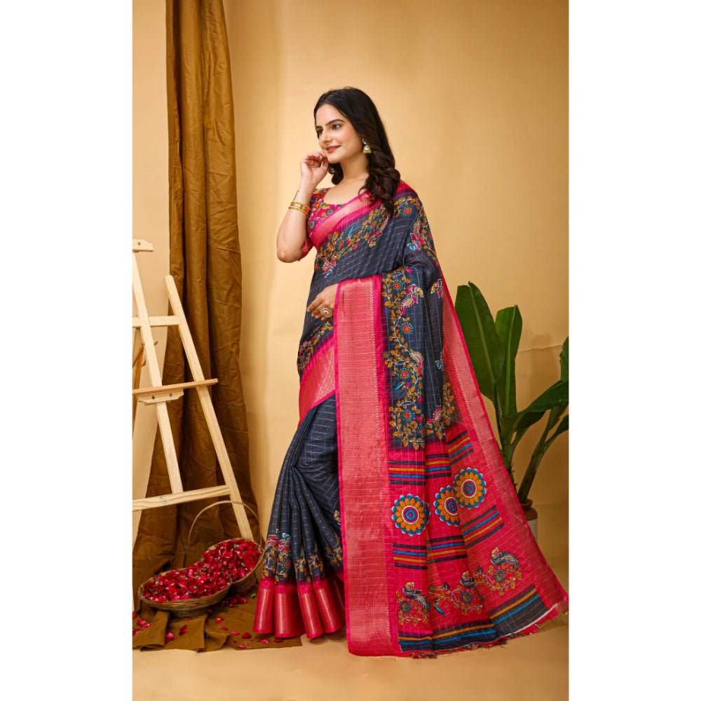 Grey soft Dola cotton kalamkari printed saree with unstitched blouse, traditional Indian women's attire on display