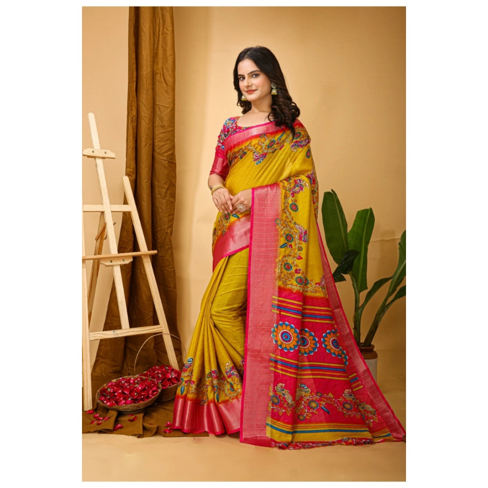 Yellow soft Dola cotton kalamkari printed saree with unstitched blouse, traditional Indian wear on display