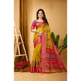 Yellow Kalamkari printed soft Dola cotton saree with unstitched blouse, vibrant Indian wear for women