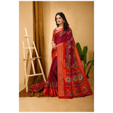Maroon Kalamkari printed soft Dola cotton saree with unstitched blouse, traditional Indian women's wear accessory