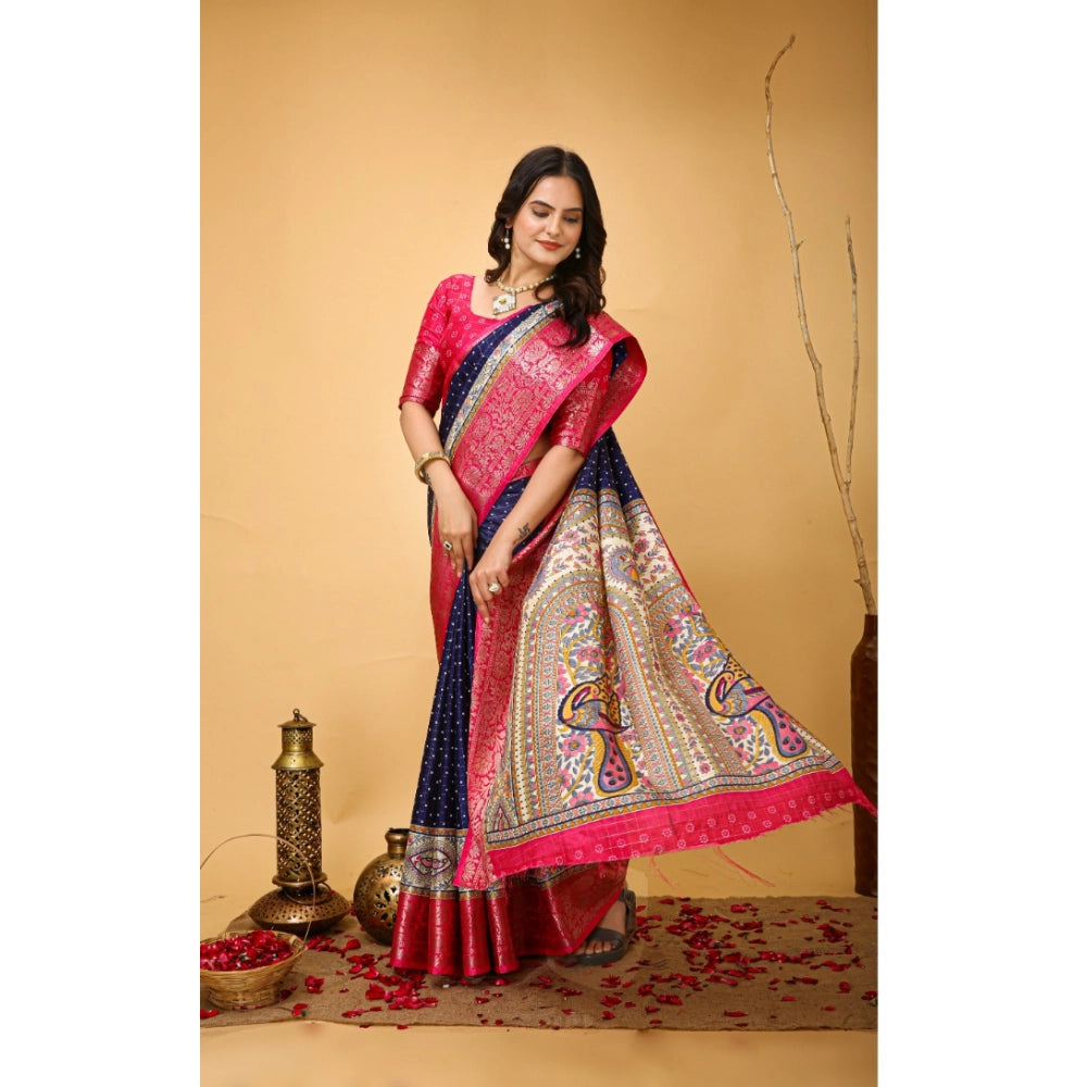Navy blue Kalamkari printed soft Dola cotton saree with unstitched blouse, traditional Indian wear on model