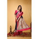 Navy blue Kalamkari printed soft Dola cotton saree with unstitched blouse, traditional Indian wear on model
