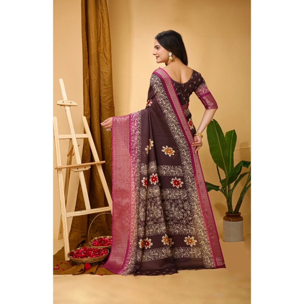 Maroon marshmallow fabric kalamkari printed saree with unstitched blouse, soft and vibrant Indian women's wear