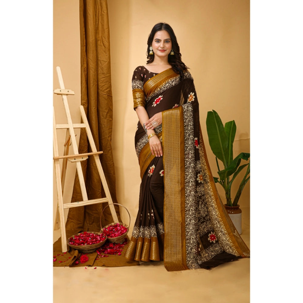 Brown soft blooming marshmallow fabric kalamkari printed saree with unstitched blouse, traditional indian fashion accessory on display