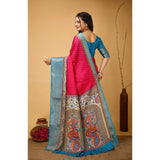 Pink Kalamkari printed soft dola cotton saree with unstitched blouse, traditional Indian women's wear