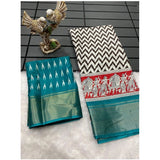 Turquoise soft Dola cotton kalamkari printed saree with unstitched blouse, vibrant Indian traditional wear on display