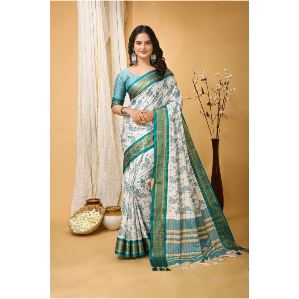 Turquoise soft cotton silk printed saree with unstitched blouse, elegant Indian women's wear