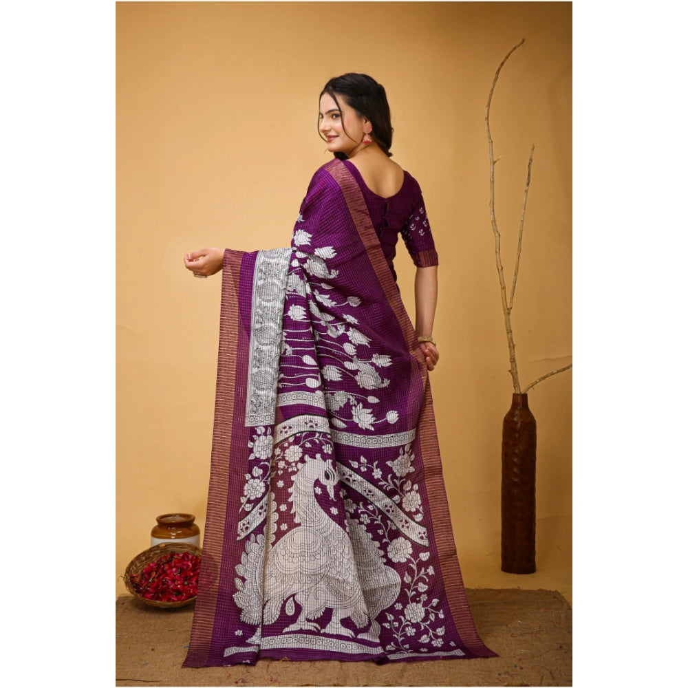 Purple handloom cotton kalamkari saree with unstitched blouse, soft texture for women's traditional Indian wear