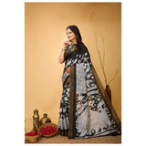 Black soft handloom cotton Kalamkari printed saree with unstitched blouse (5.5mtr)