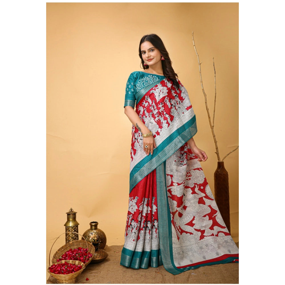 Red soft handloom cotton Kalamkari printed saree with unstitched blouse (5.5mtr)