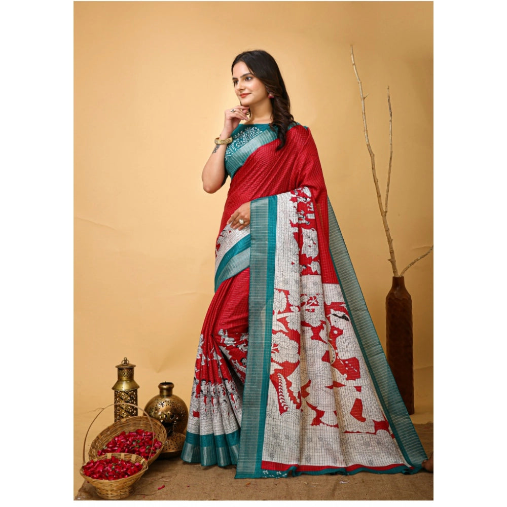 Red soft handloom cotton Kalamkari printed saree with unstitched blouse (5.5mtr)
