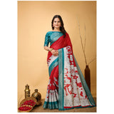 Soft handloom cotton red kalamkari printed saree with unstitched blouse, traditional Indian women's attire on mannequin