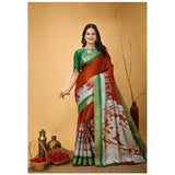 Orange soft handloom cotton kalamkari printed saree with unstitched blouse, traditional Indian attire on mannequin