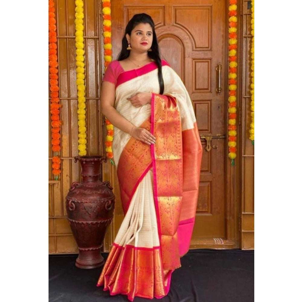 Soft cream lichi silk saree with unstitched blouse (5.5mtr) - intricate printed design, elegant fashion accessory for women