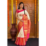 Soft cream lichi silk saree with unstitched blouse (5.5mtr) - intricate printed design, elegant fashion accessory for women