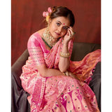 Soft pink lichi silk printed saree with unstitched blouse, 5.5mtr length