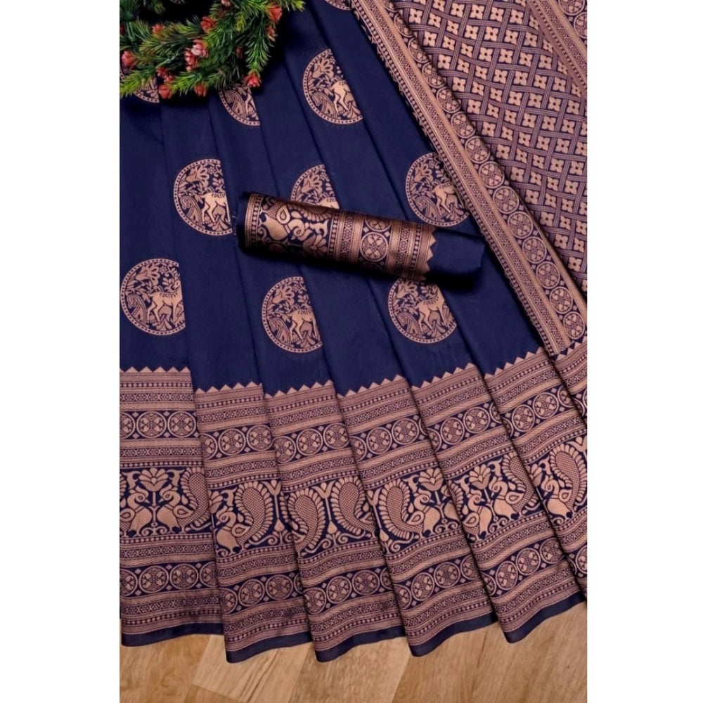 Navy blue soft lichi silk printed saree with unstitched blouse, 5.5mtr length