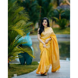 Yellow soft lichi silk printed saree with unstitched blouse (5.5Mtr)