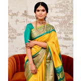 Yellow soft lichi silk printed saree with unstitched blouse (5.5Mtr), elegant Indian traditional wear on mannequin