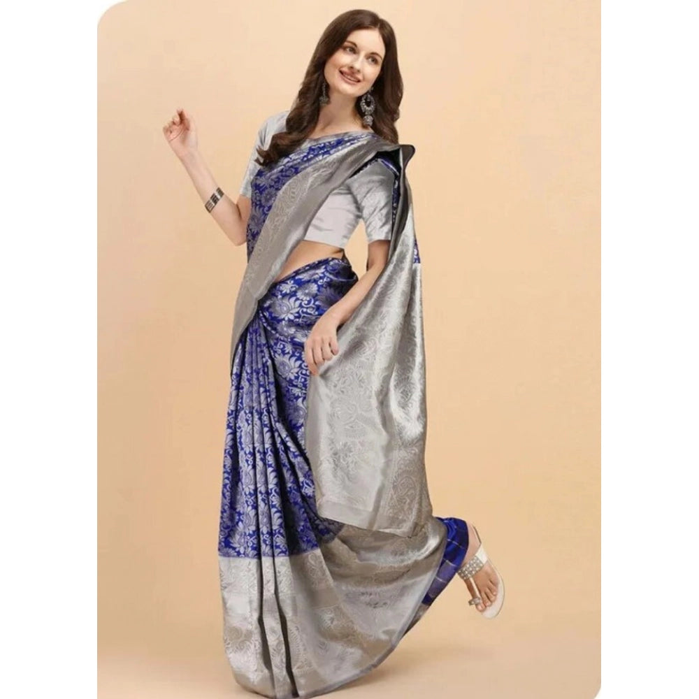Blue soft lichi silk printed saree with unstitched blouse, 5.5Mtr. Close-up of intricate patterns