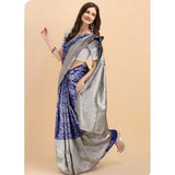 Blue soft lichi silk printed saree with unstitched blouse, 5.5Mtr. Close-up of intricate patterns