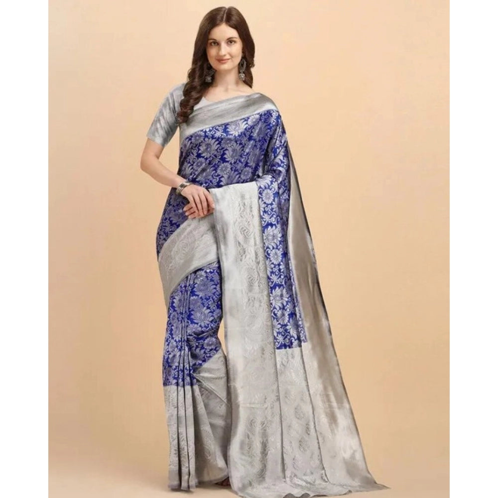 Blue soft lichi silk printed saree with unstitched blouse, 5.5mtr length