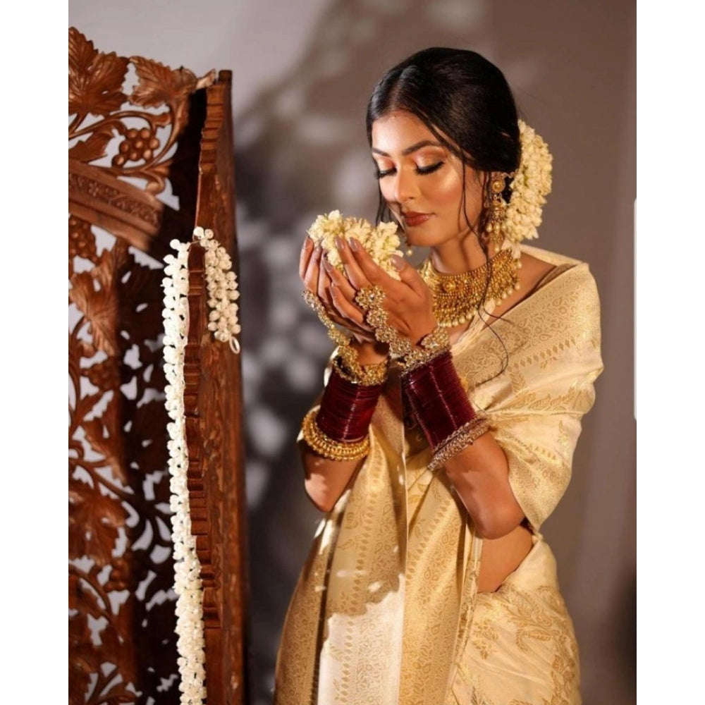 Gold soft lichi silk printed saree with unstitched blouse, 5.5mtr length