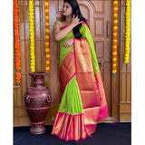 Green soft lichi silk printed saree with unstitched blouse, elegant Indian women's fashion