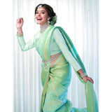 Light green soft lichi silk printed saree with unstitched blouse, 5.5mtr (close-up)