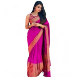 Pink soft lichi silk solid saree with unstitched blouse, 5.5mtr length on model