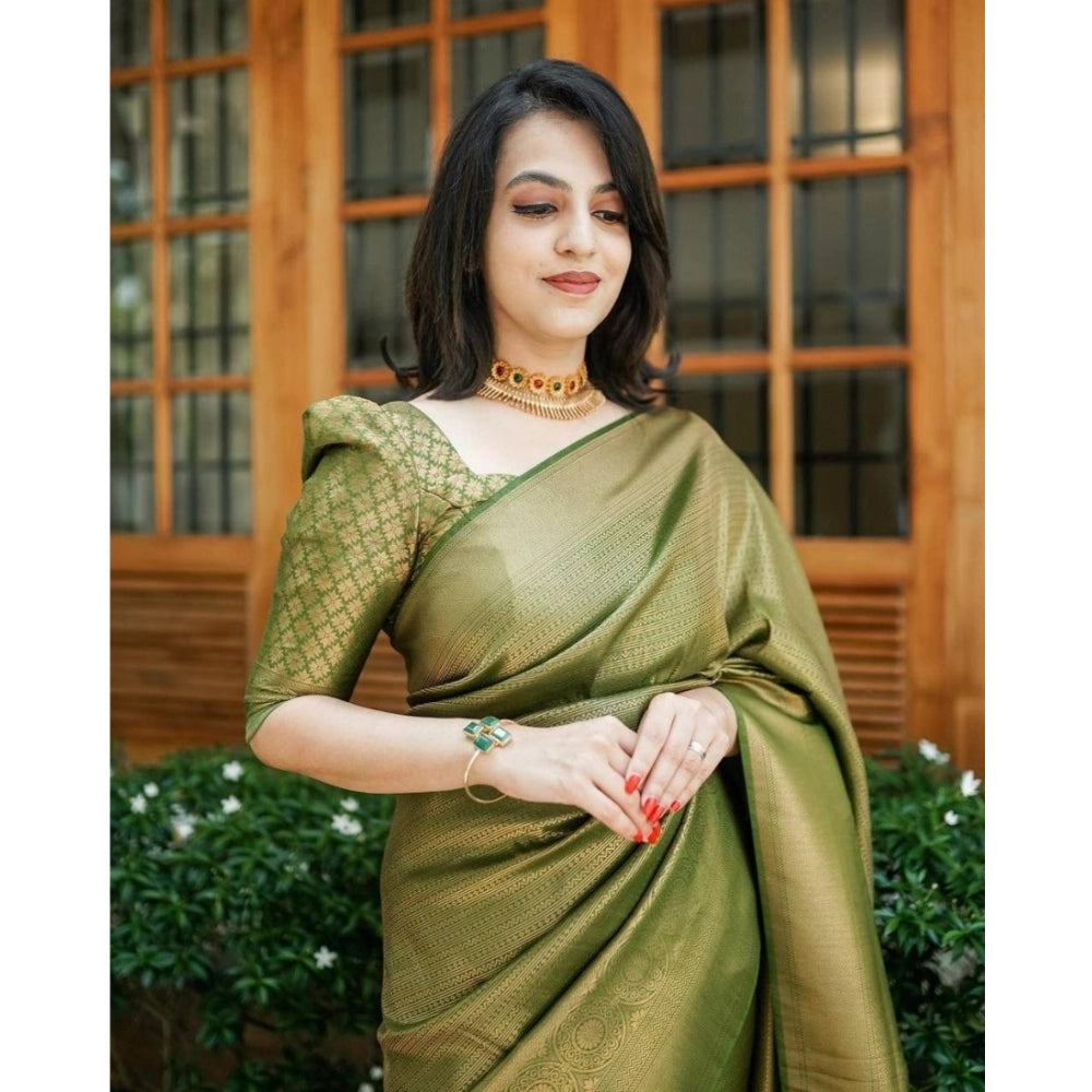 Green soft lichi silk printed saree with unstitched blouse, 5.5mtr length on mannequin