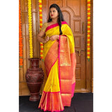 Yellow soft lichi silk printed saree with unstitched blouse (5.5mtr)