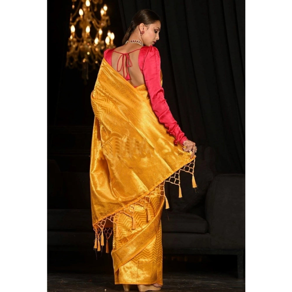 Yellow soft lichi silk woven saree with unstitched blouse, 5.5mtr length on mannequin