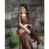 Brown soft lichi silk printed saree with unstitched blouse, 5.5mtr length