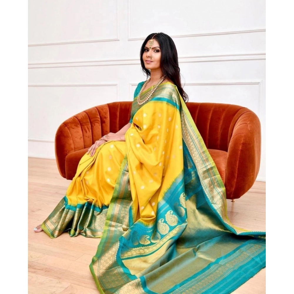 Yellow soft lichi silk printed saree with unstitched blouse, vibrant Indian women's fashion accessory