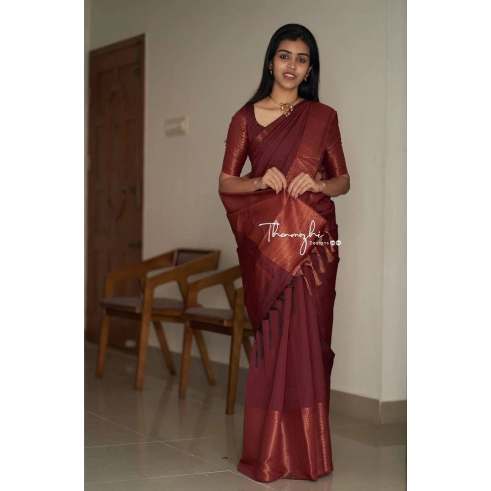 Maroon soft lichi silk saree with unstitched blouse, 5.5mtr length on mannequin