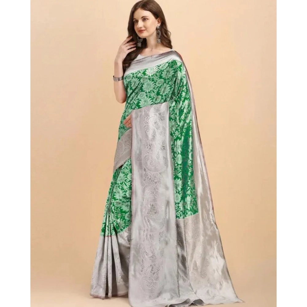 Green soft lichi silk printed saree with unstitched blouse, 5.5mtr length on hanger