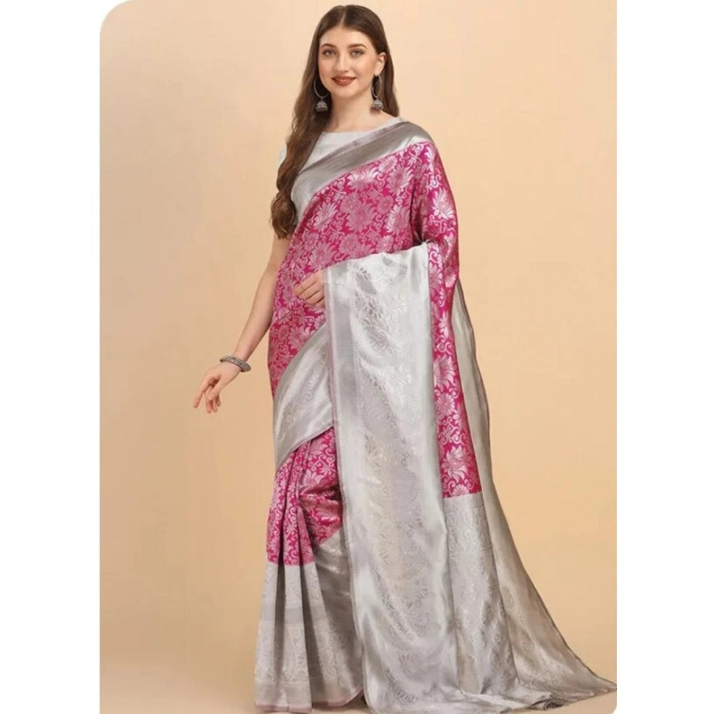 Soft pink Lichi silk saree with unstitched blouse, 5.5Mtr length