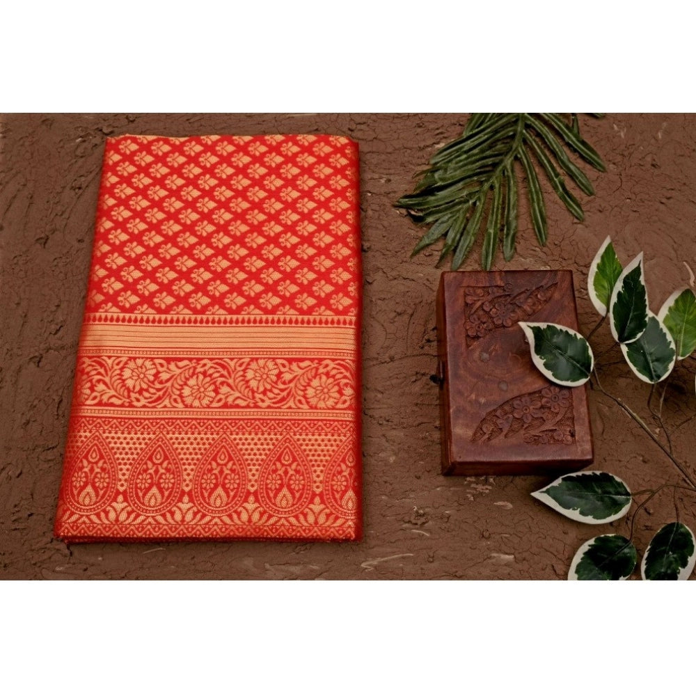Red soft lichi silk printed saree with unstitched blouse (5.5Mtr), luxurious Indian wear on mannequin