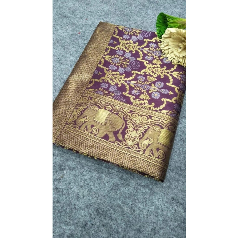 Purple soft lichi silk printed saree with unstitched blouse, 5.5mtr