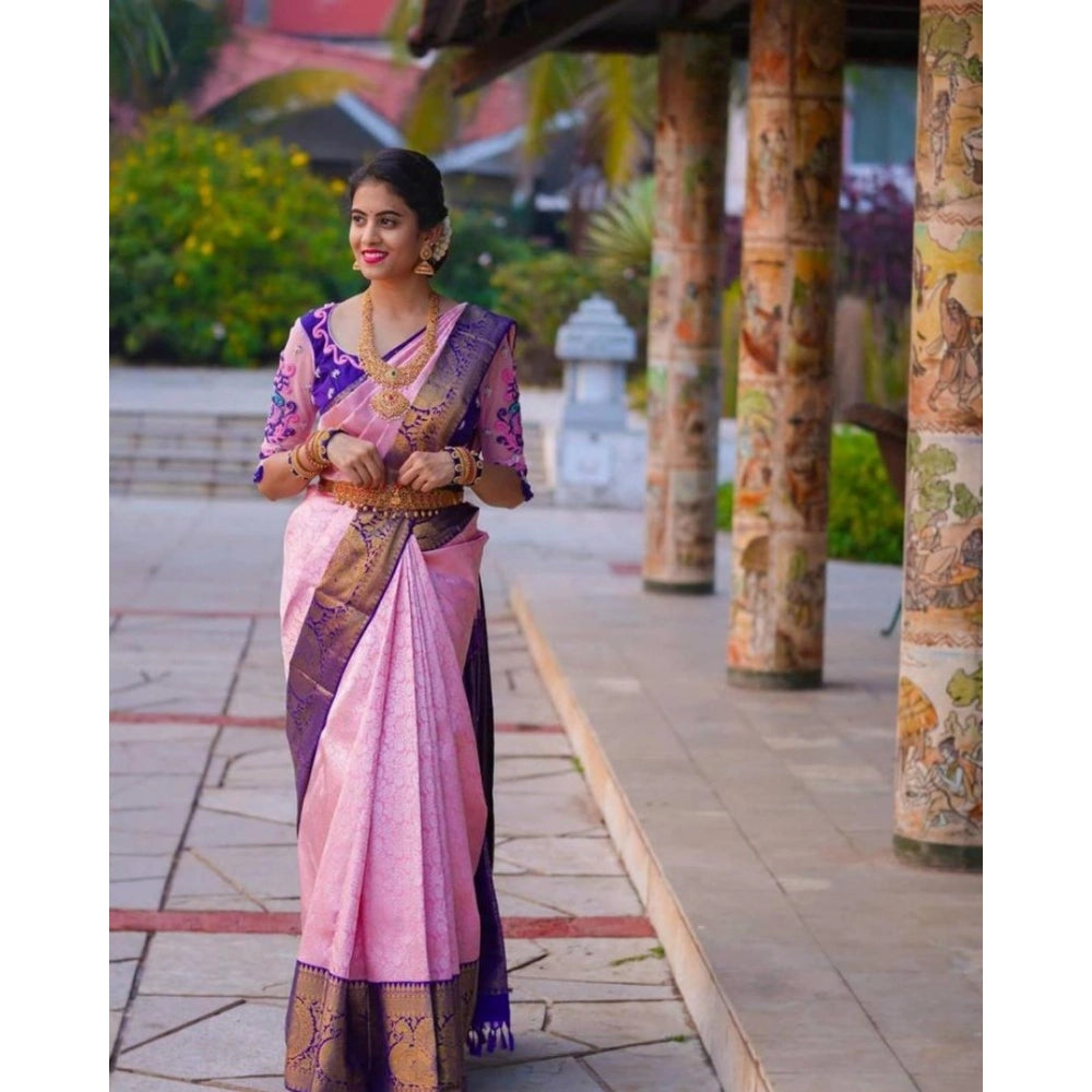 Soft purple lichi silk printed saree with unstitched blouse (5.5mtr) on mannequin