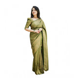 Green soft lichi silk printed saree with unstitched blouse, 5.5mtr length on display mannequin