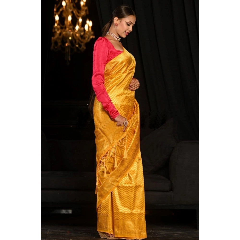 Yellow soft lichi silk woven saree with unstitched blouse (5.5mtr), elegant Indian women's traditional wear on display