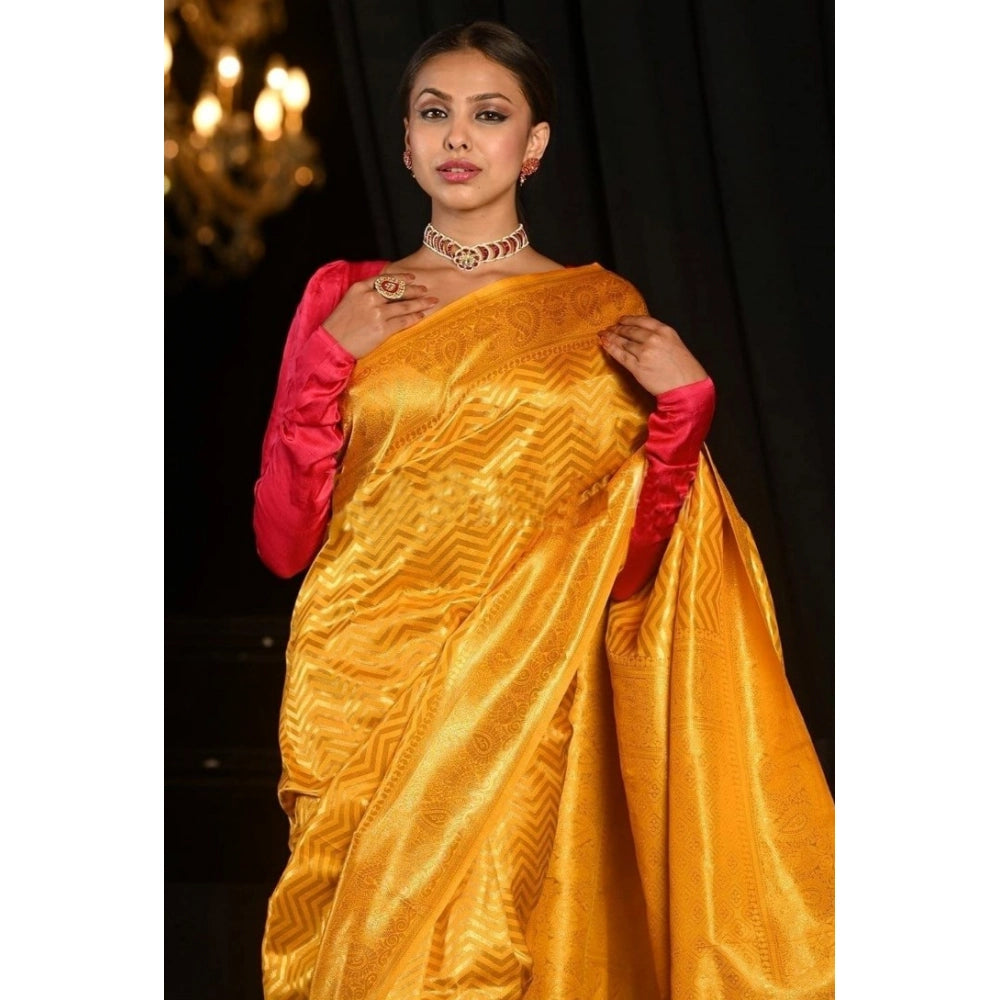 Yellow soft lichi silk woven saree with unstitched blouse (5.5mtr), elegant Asian women's traditional wear