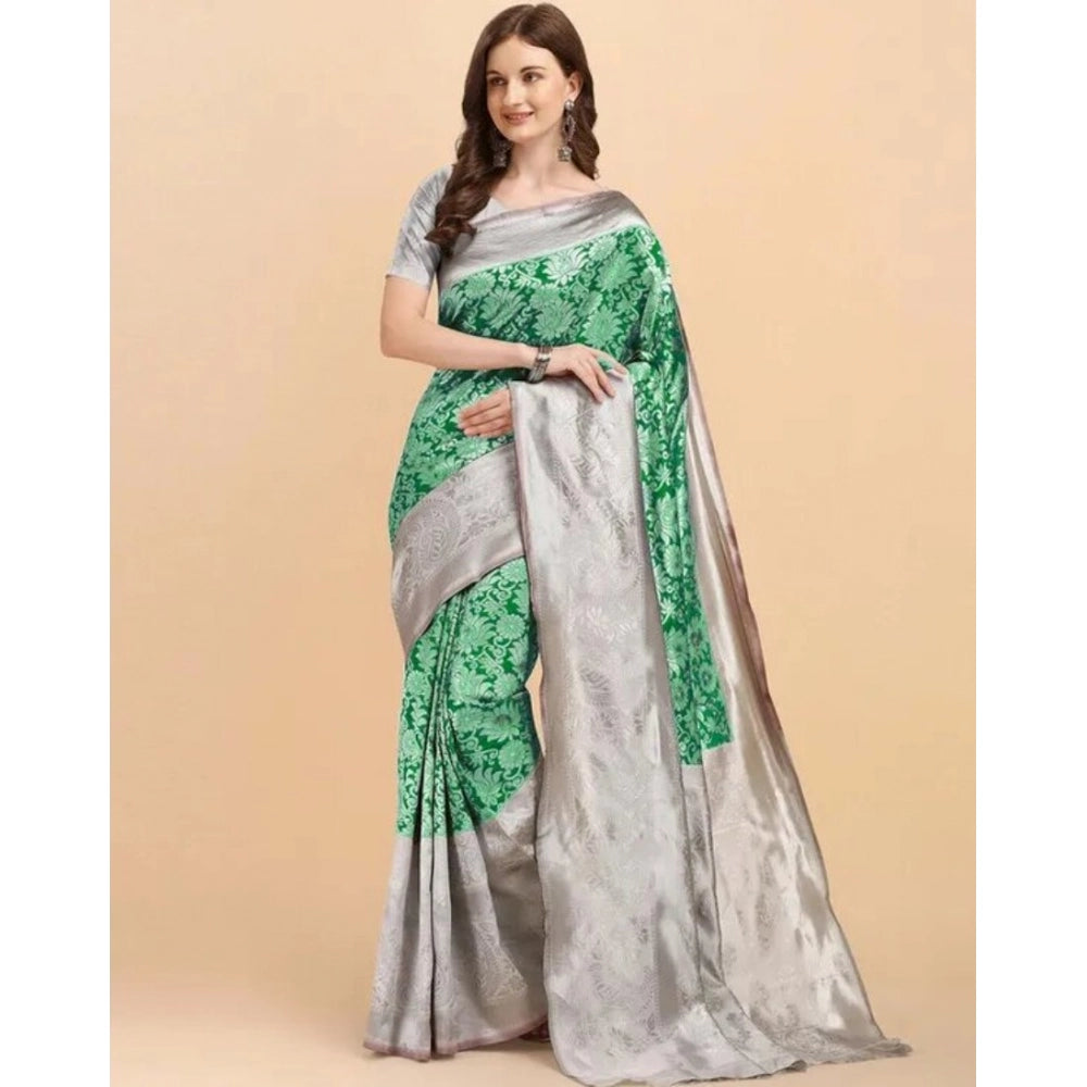 Soft green lichi silk printed saree with unstitched blouse, traditional Indian women's wear for festivals or special occasions