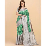 Soft green lichi silk printed saree with unstitched blouse, traditional Indian women's wear for festivals or special occasions