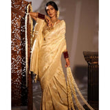 Golden soft lichi silk printed saree with unstitched blouse, 5.5mtr length on mannequin