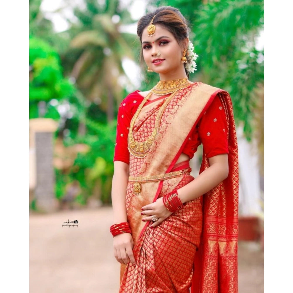 Red soft lichi silk printed saree with unstitched blouse (5.5Mtr), high-quality Indian women's traditional wear