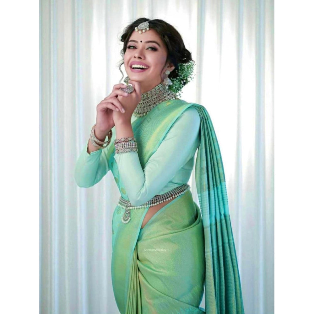 Light green soft lichi silk printed saree with unstitched blouse, 5.5Mtr length on mannequin